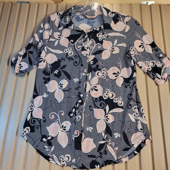SJS Tops - SJS Petite Floral Striped Button Down Blouse Pink Navy Blue PS T8538-PE-EL-RM
